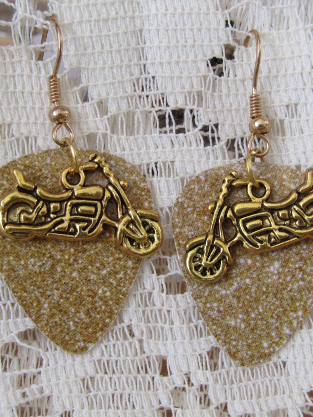 Lady Rider Gold Sparkle Guitar Pick Gold Motorcycle Charm Biker Chick Earrings